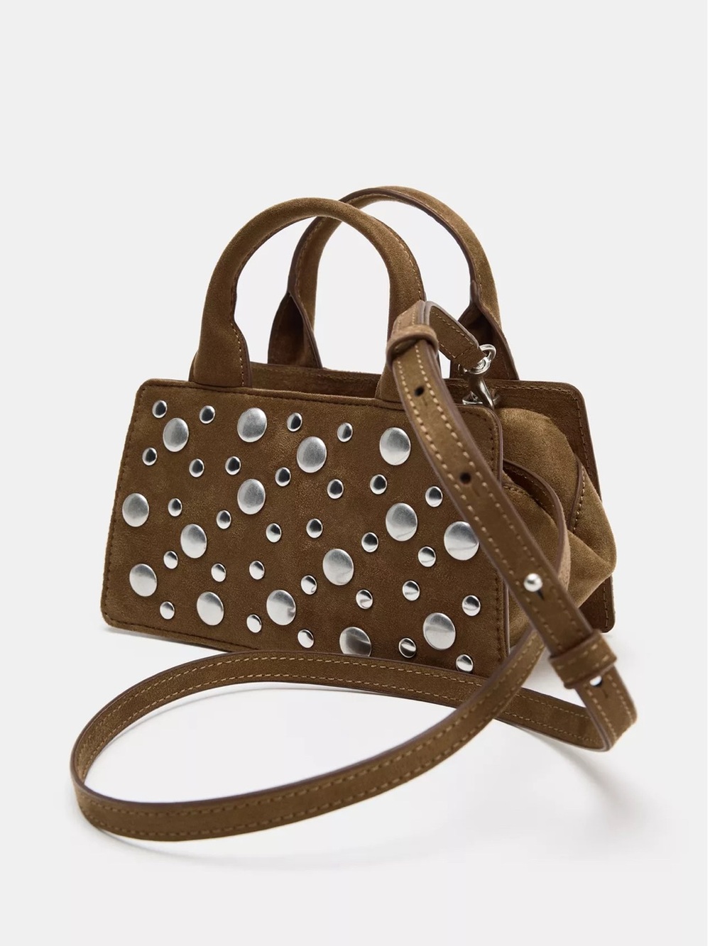 Zara Brown Suede Mini Top-Handle Bag with Silver Studs